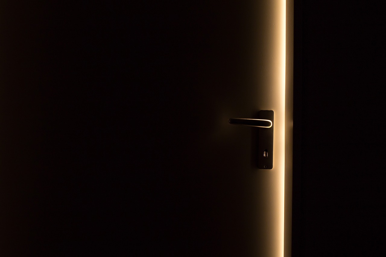 暗闇の中で僅かにドアが開き、微かな光が差し込む